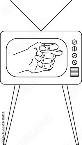 The vector picture or icon of old TV set or television with antenna with fico or fog gesture on display or screen made by means of black lines on the white background. Concept of fool television shows