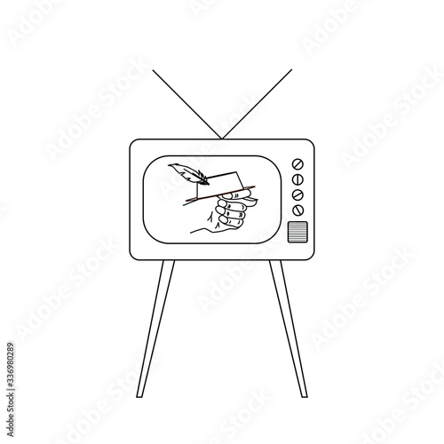 The vector picture or icon of old TV set or television with fico or fog gesture on screen made by means of black lines on the white background. Concept of fool television shows, fooling and propaganda