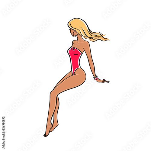 Beautiful young woman in a swimsuit on a white background.Cartoon lifeguard girl in a bathing suit on the beach. Stock vector isolated illustration.
