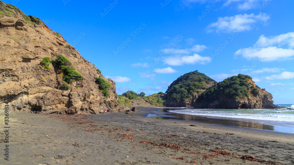 O'Neill Bay, a beautiful black sand beach near the town of Bethells Beach in the western Auckland Region, New Zealand. At the end of the bay are the rounded forms of Erangi Point and Kauwahaia Island