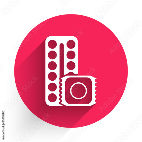 White Packaging of birth control pills and condom in package safe sex icon isolated with long shadow. Contraceptive pill. Red circle button. Vector Illustration