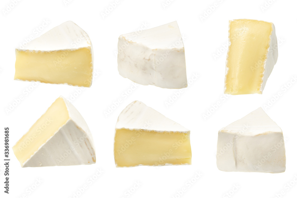 Camembert or brie cheese isolated on white background. Soft cheese covered with edible white mold view from above. Camembert or brie cheese isolated on white background. Soft cheese covered with edible white mold view from above.