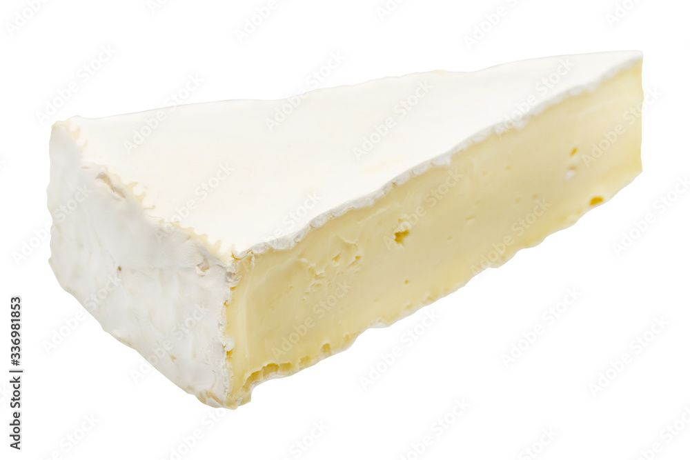 Brie or camambert cheese isolated on white background. Soft cheese covered with edible white mold view from above.