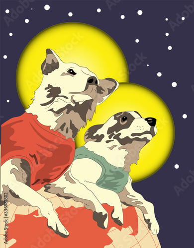 vector illustration, retro postcard with Belka and Strelka in space, dogs in space