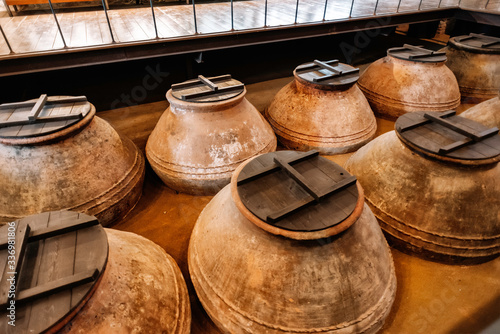 The making of extra virgin Olive Oil,  storage vintage ceramic pots, pitchers or amphoras, Lesbos, Greece