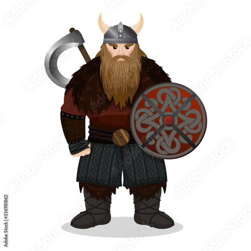 Redoubtable viking with ax and shield on white