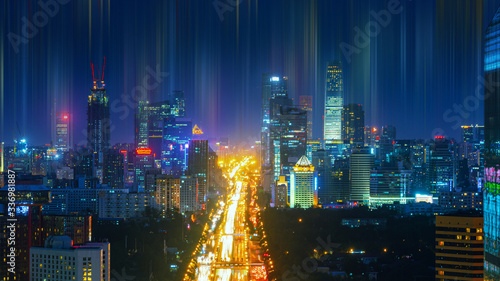 Smart city at night and abstract line. Big Data Connection Technology Concept. Beijing.