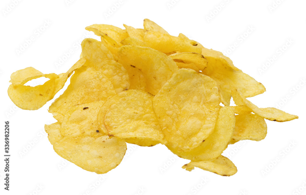 Potato chips isolated on white background. Closeup view. Potato chips isolated on white background. Closeup view.