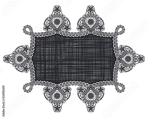 Rectangle Lace doily with lacy corner pattern. Black ornament and template of Elegant decor for wedding invitation or name place card design.