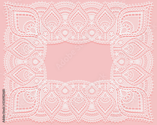 Lace Rectangle frame with lacy corner pattern. Cutout paper ornament or template for laser cutting. Elegant decor for wedding invitation or name place card design.