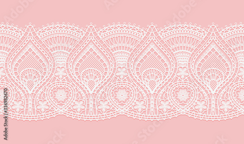 Abstract white lace texture pattern on pink background for textile. Horizontal seamless ribbon. Crocheted thin fabric made of yarn or thread. Ivory-colored lacy cloth.