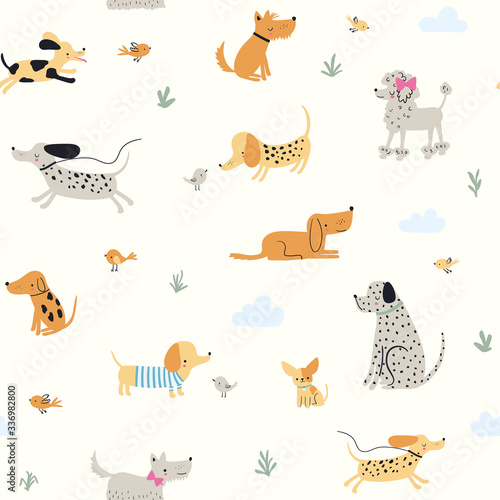 Cute little dogs. Vector seamless pattern