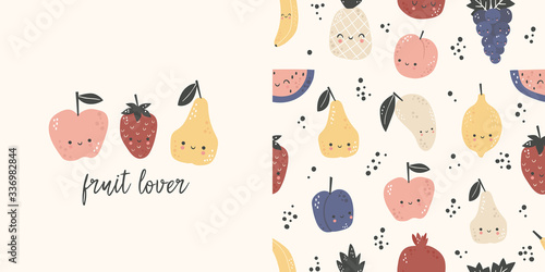 Fruit lover. T-shirt design and seamless pattern for kids