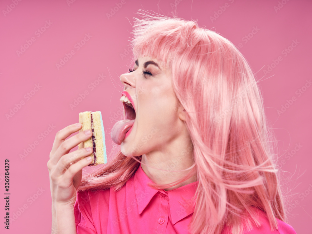 Glamorous woman pink hair charm delight sweets Glamorous woman pink hair charm delight sweets