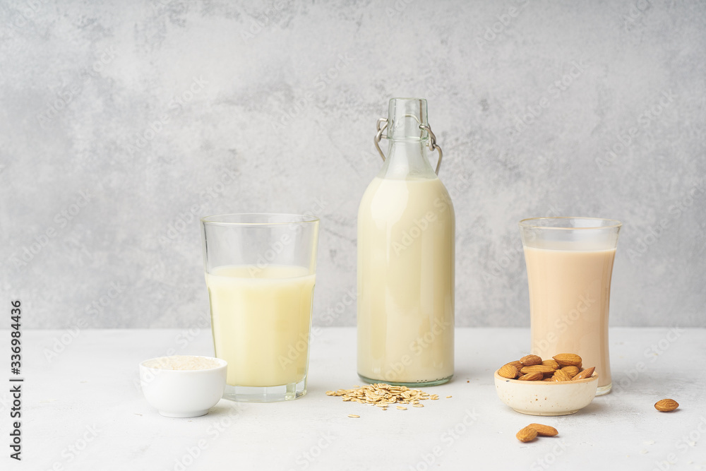 Rice, oat and almond milk. Dairy alternatives for lactose intolerance. Healthy organic protein source for vegans. Rice, oat and almond milk. Dairy alternatives for lactose intolerance. Healthy organic protein source for vegans.
