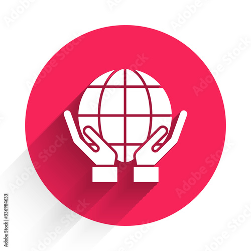 White Human hands holding Earth globe icon isolated with long shadow. Save earth concept. Red circle button. Vector Illustration