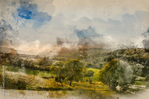 Digital watercolor painting of Stunning landscape image of view over English countryside during Summer sunset with soft light