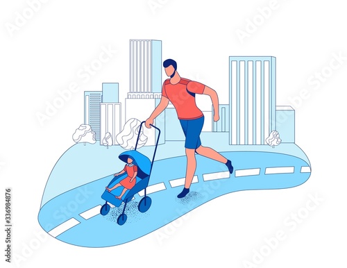 Father running marathon with baby in stroller in the city, parent and kid take part in race outdoors, cartoon vector flat illustration with people jogging