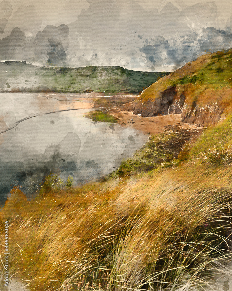 Digital watercolor painting of Beautiful peaceful Summer evening sunset beach landscape image at Three Cliffs Bay in South Wales