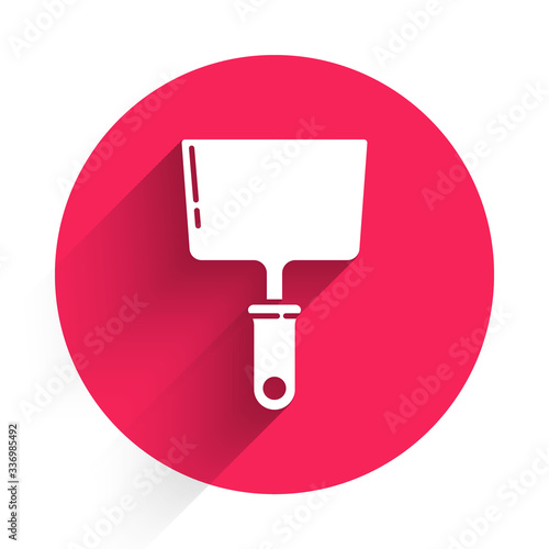 White Putty knife icon isolated with long shadow. Spatula repair tool. Spackling or paint instruments. Red circle button. Vector Illustration