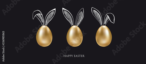 Happy Easter. Set of rabbits's ears. Gold eggs. Hand drawn illustration.	

