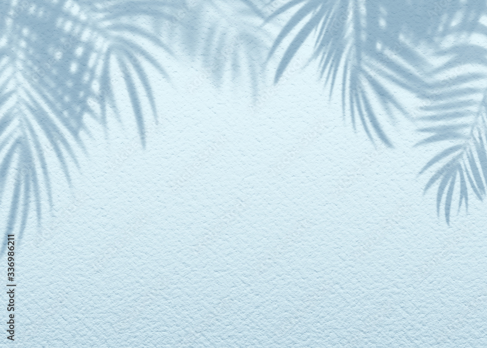 White blue grunge cement texture wall leaf plant shadow background.Summer tropical travel beach with minimal clean concept. Flat lay palm nature.