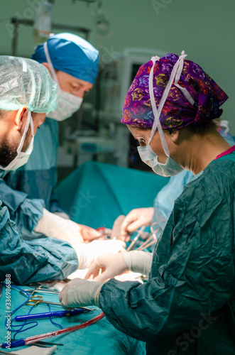 Hysterectomy surgery.Team surgeon at work   in operating room.