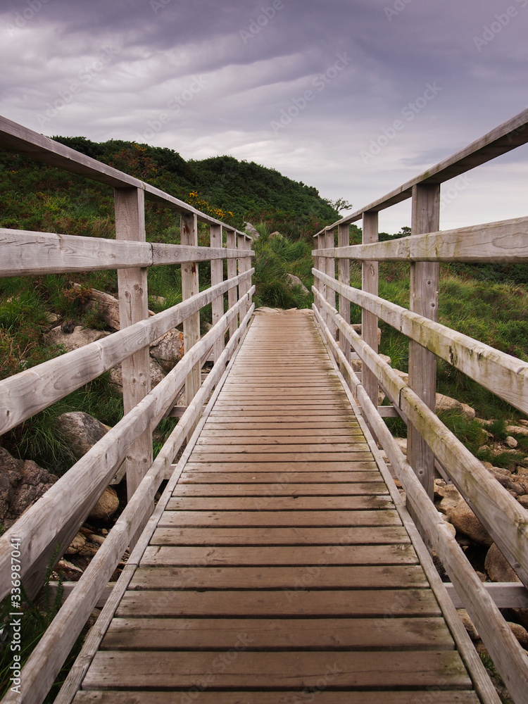 Wooden walkway in sand dunes in Northern Ireland 