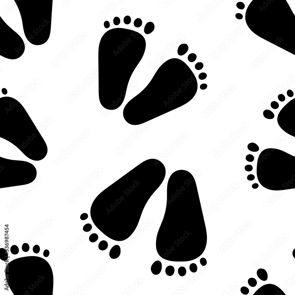 Vector abstract seamless background with baby footprints. Silhouettes on a white background. Black icons. Great for paper, card, wallpaper, banner, fabric, interior. Vector abstract seamless background with baby footprints. Silhouettes on a white background. Black icons. Great for paper, card, wallpaper, banner, fabric, interior.