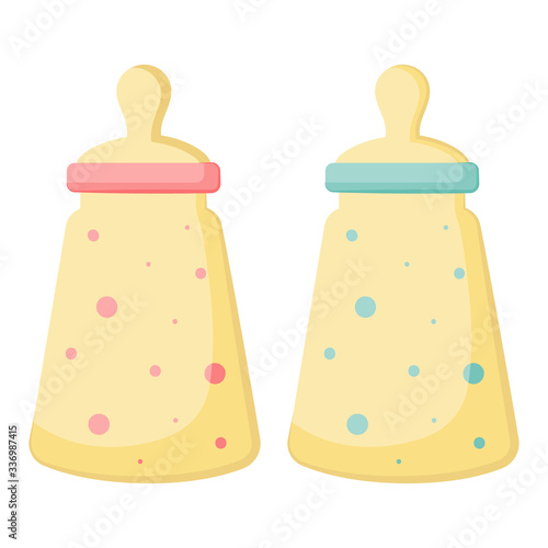 Cute baby bottles. Isolated on white background. Cartoon accessory for the newborn. Vector illustration. Great for children's design: greeting cards, postcards, stickers, banners, posters.