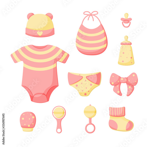 A set of things for a newborn isolated on a white background. Collection for girls in pink color. Cap, bib, panties, clacks, bottle, pacifier, sock, bow, mitten. Vector illustration.
