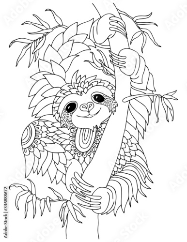 Cute smiling sloth hanging on tree branch. Hand drawn lovely sloth for adult coloring page. Vector illustration. May be used for print on t-shirt, wallpaper or poster.