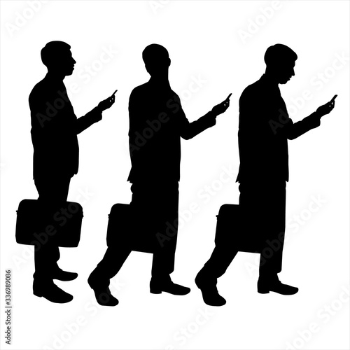 Set of three people, man, worker with suitcase, bag and gadgets, students, using hi tech technology, mobile phones, pad, smart watches, virtual games, navigators. Vector male silhouette isolated.
