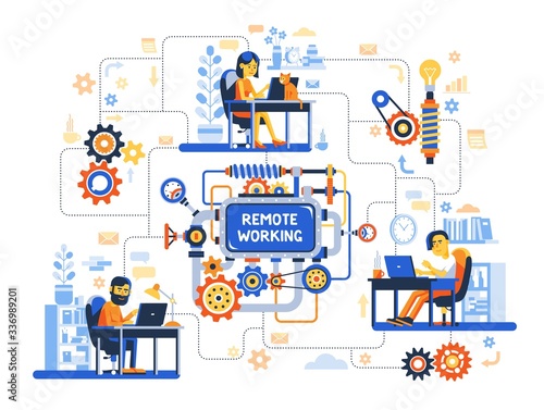 Remote work of the development team on complex project. Online creative teamwork in home offices. Vector illustration.