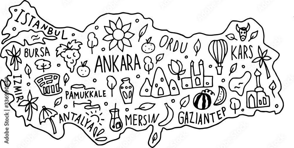 hand drawn doodle Turkey map. Turkish city names lettering and cartoon