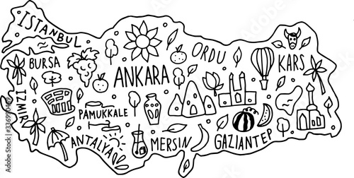 hand drawn doodle Turkey map. Turkish city names lettering and cartoon landmarks, tourist attractions cliparts.