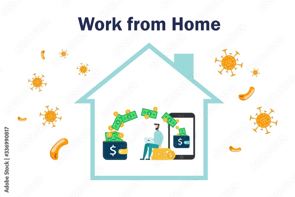 Self isolation concept. Young man working from home during Covid-19. All stay at home. Self-isolate from a pandemic. Remote work from home during Quarantine. Vector flat illustration Self isolation concept. Young man working from home during Covid-19. All stay at home. Self-isolate from a pandemic. Remote work from home during Quarantine. Vector flat illustration