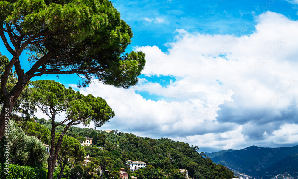 Obraz premium Ligurian sea shore near Portofino. Sunny summer day, Liguria, Italy. Spectacular summer landscape. Colorful seascape of Adriatic sea. Traveling concept background.