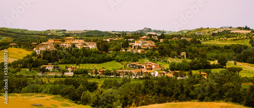 Traditional countryside and landscapes of beautiful Tuscany. Fields and houses. Holiday, traveling concept. Agro tour of Europe. Beautiful world.