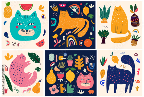 Cute spring collection with cats. Decorative abstract posters with colorful cats. Hand-drawn modern illustrations with cats and flowers. Set of art posters and cards 