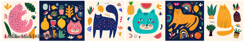 Cute spring collection with cats. Decorative abstract horizontal banner with colorful cats. Hand-drawn modern illustrations with cats and flowers. Set of art posters and cards 