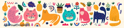 Cute spring collection with cats. Decorative abstract horizontal banner with colorful cats. Hand-drawn modern illustrations with cats and flowers