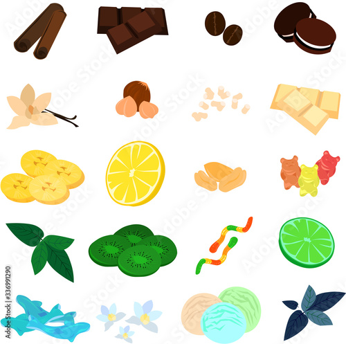 Set of sweets and fruits. Chocolate and cookies. Marmalade and fruit. Additives to tea, coffee and desserts.