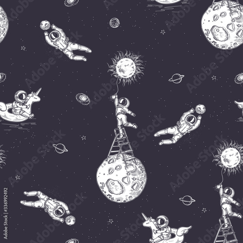 Seamless pattern. Astronomy. The astronaut is swimming on a unicorn. Astronaut lights a light bulb.
