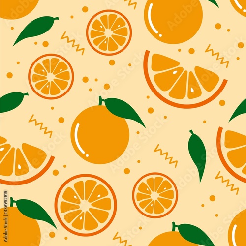 Seamless fresh orange fuit pattern design, flat orange fruit pattern template vector