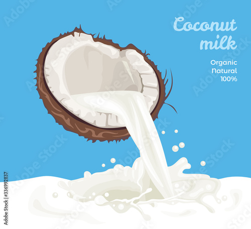Coconut milk flow and splash. Milk is poured from half coconut. Stream of vegan nut drink isolated on blue background. Vector illustration of plant-based  beverage in cartoon flat style.