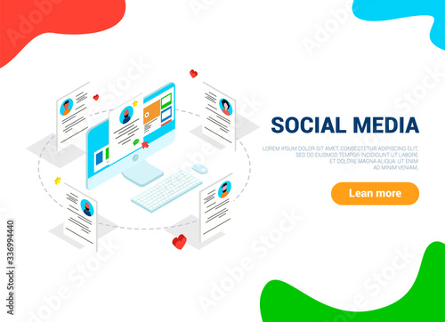 The concept of social networks. Flat isometric vector illustration isolated on white background. Can be used on sites and web banners. Trend building.Social media flies from the phone.