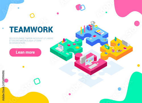 Startup employees. Thinking goal, puzzle infographics. Collaboration is the construction of an agent group to create a team. Web design concept. White isolated concept with flat isometric vector icons