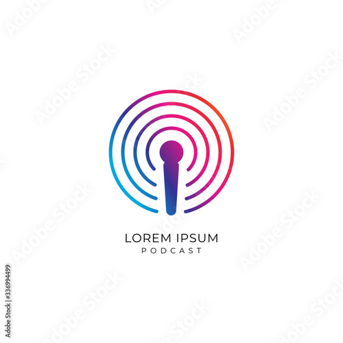 Colorful podcast logo design template. Microphone icon with signal wave illustration. Magenta, Purple, Blue Gradation Color