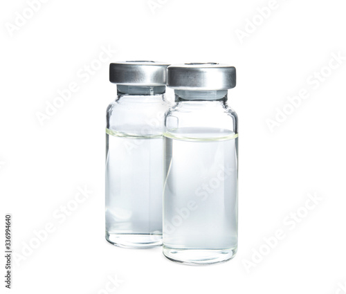 Vials with medication on white background. Vaccination and immunization